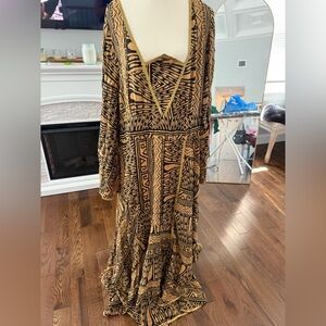 Ashro Black and brown/tan Geometric Long Sleeve Dress